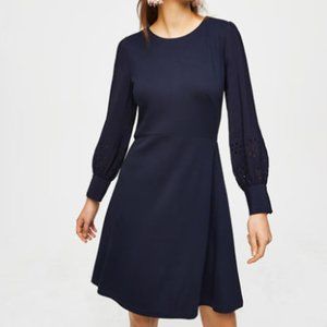 Loft Navy Dress with Eyelet Cutout Sleeves, Size 8